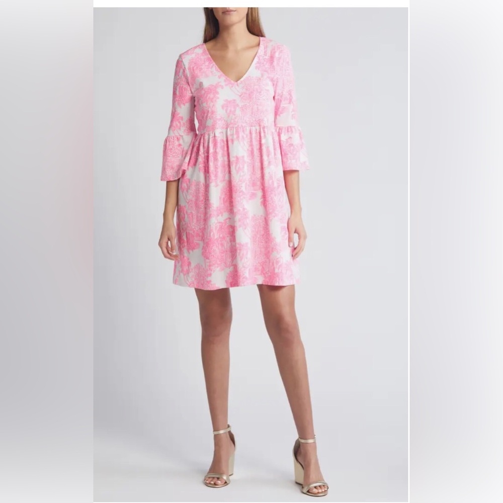 Lilly Pulitzer Jannie V-Neck Bell Sleeve Dress in Pink PB Anniversary Toile - Picture 3 of 12